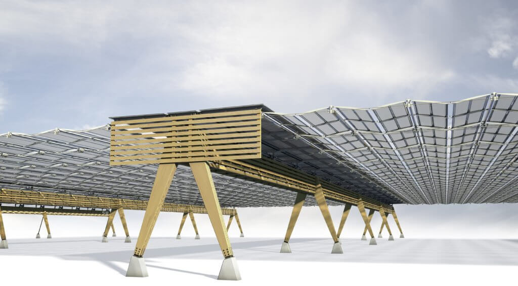 Solarfaltdach mit Tragwerk und zentraler Schutzeinheit aus lokalem Holz (© dhp technology)